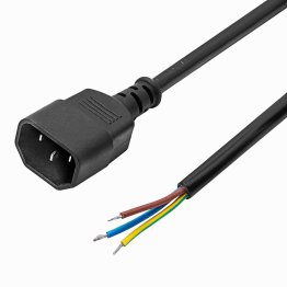 Power cable with IEC-C14 male plug with free wires, 1.5 meters long
