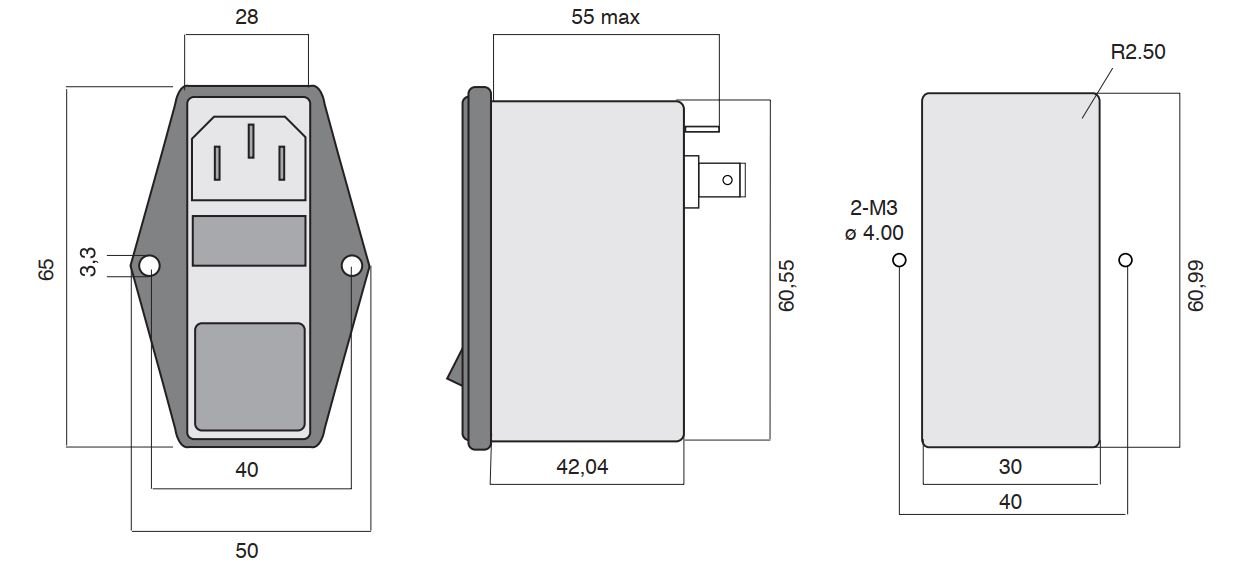 Filtro EMI Actronic AR13.6A New Dimensioni