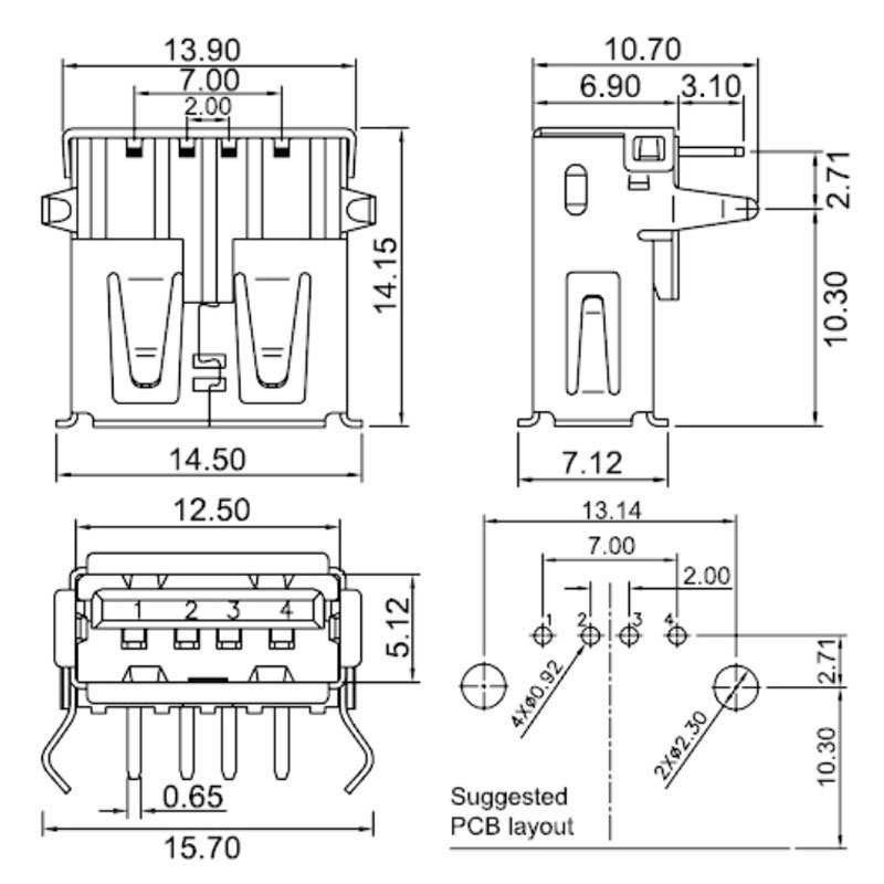 Dimensioni connettore USB tipo A femmina da PCB a 90°